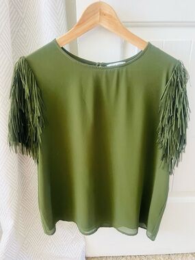 Naked Zebra Olive Green Fringe Sleeve Blouse Medium Festival Statement Shirt